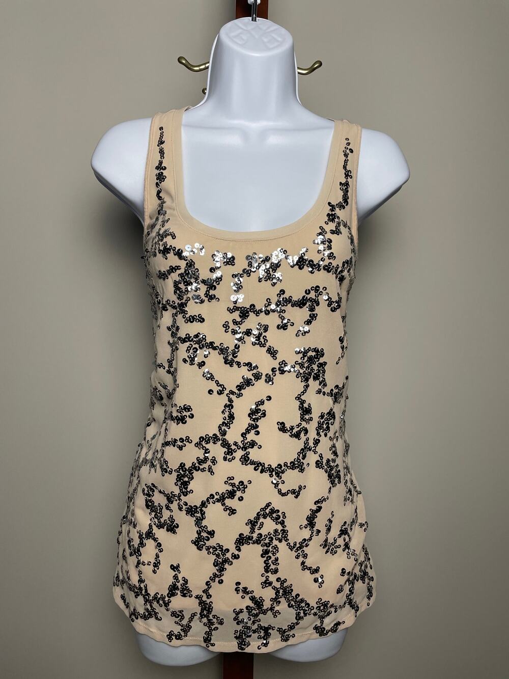 Express Top Pink Scoop Neck Jersey Knit Back Chiffon Front Silver Sequin Size S